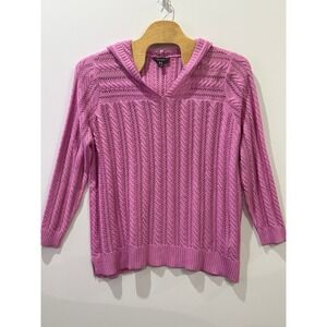 Susan Graver Weekend Pink Cable Pointelle Knit Hooded Sweater Women 2X Pullover